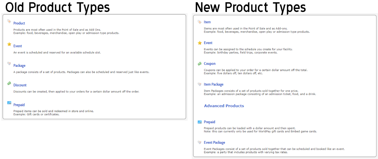 Screen shot of Old and New Product Types